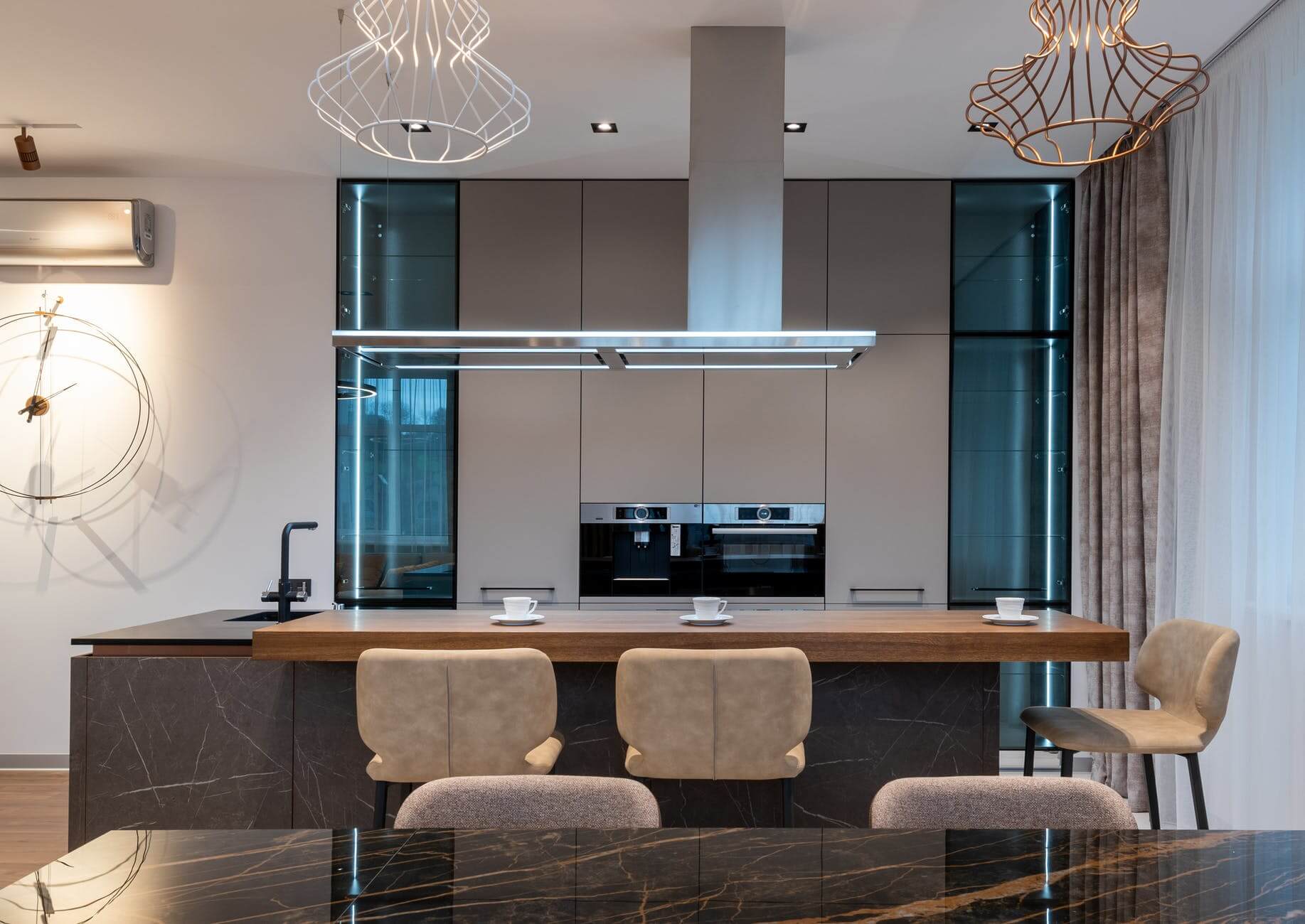 modern kitchen interior with furniture and dining zone