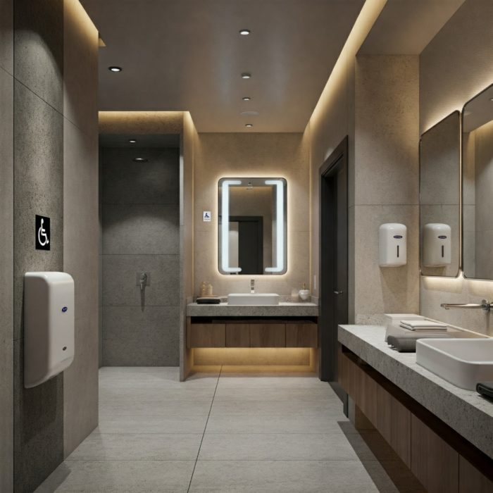 Modern ADA-compliant bathroom with hand dryer and accessible sink