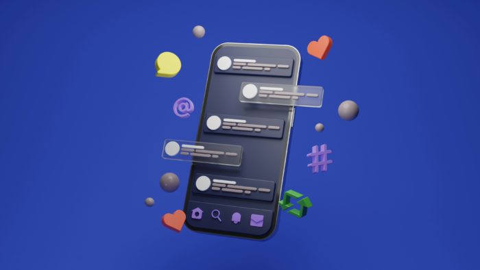 A 3D illustration of a smartphone with floating chat bubbles, hashtags, hearts, and icons, representing social media interactions, communication, and the dynamic flow of digital conversations.
