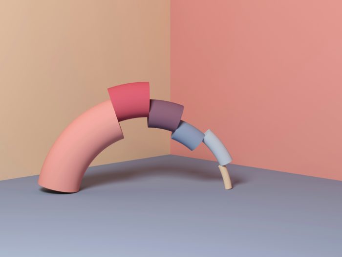 Abstract composition of colorful curved geometric shapes in pink, purple, and blue tones, set against a minimalist two-tone background.