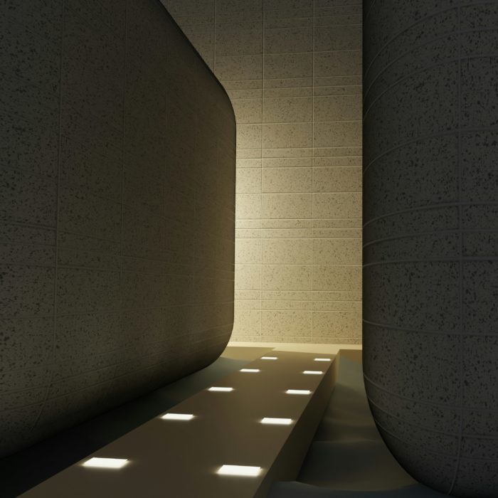 Dimly lit architectural passageway featuring textured walls, curved structures, and a walkway with embedded lights, creating a modern and atmospheric design.