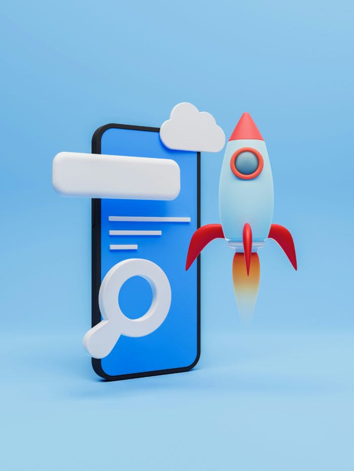 A colorful 3D illustration featuring a smartphone, a magnifying glass, a cloud icon, and a rocket launching upward, representing innovation, exploration, and the rapid growth of digital strategies.