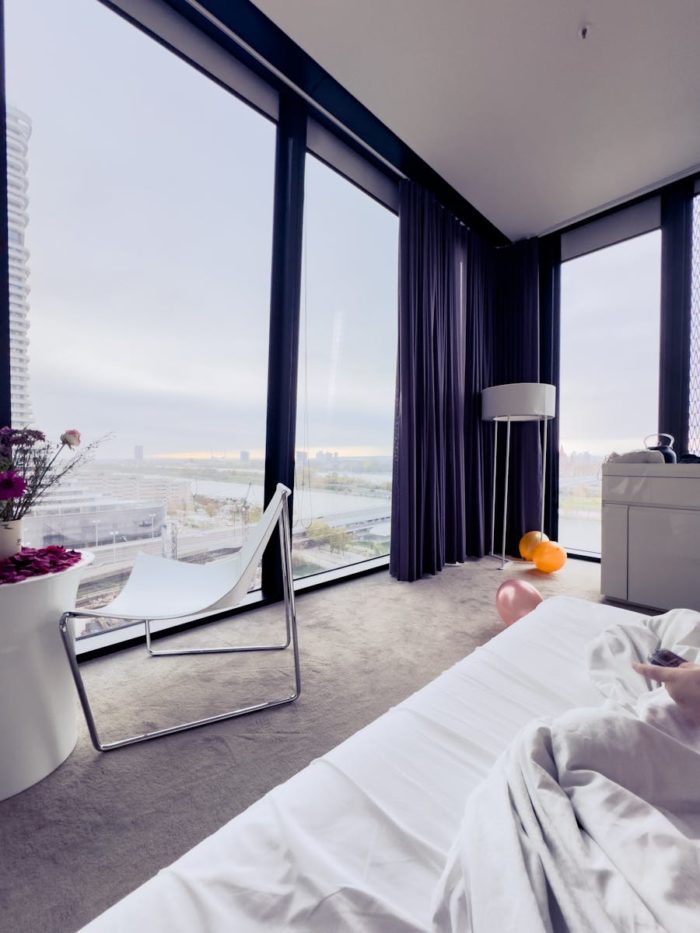 Luxurious modern hotel room with panoramic views of Vienna. Perfect for a relaxing stay.