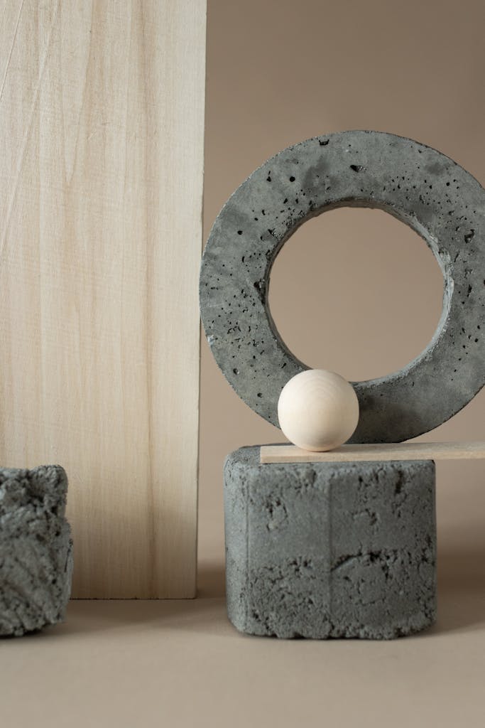 Abstract concrete and wood design with focus on shapes and texture.