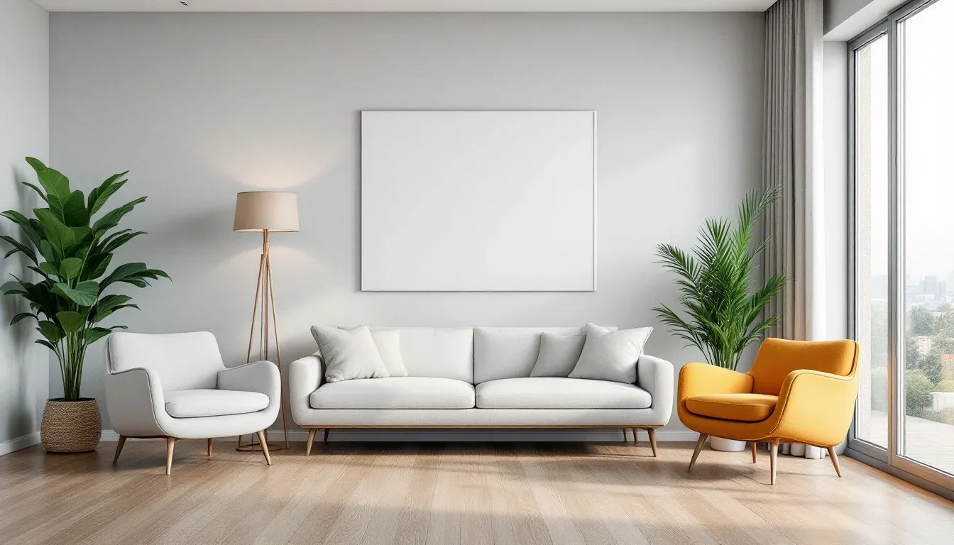 Modern living room with white sofa anchored to focal wall flanked by armchairs and large window