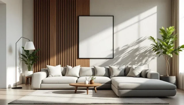 Modern minimalist living room with sectional sofa,