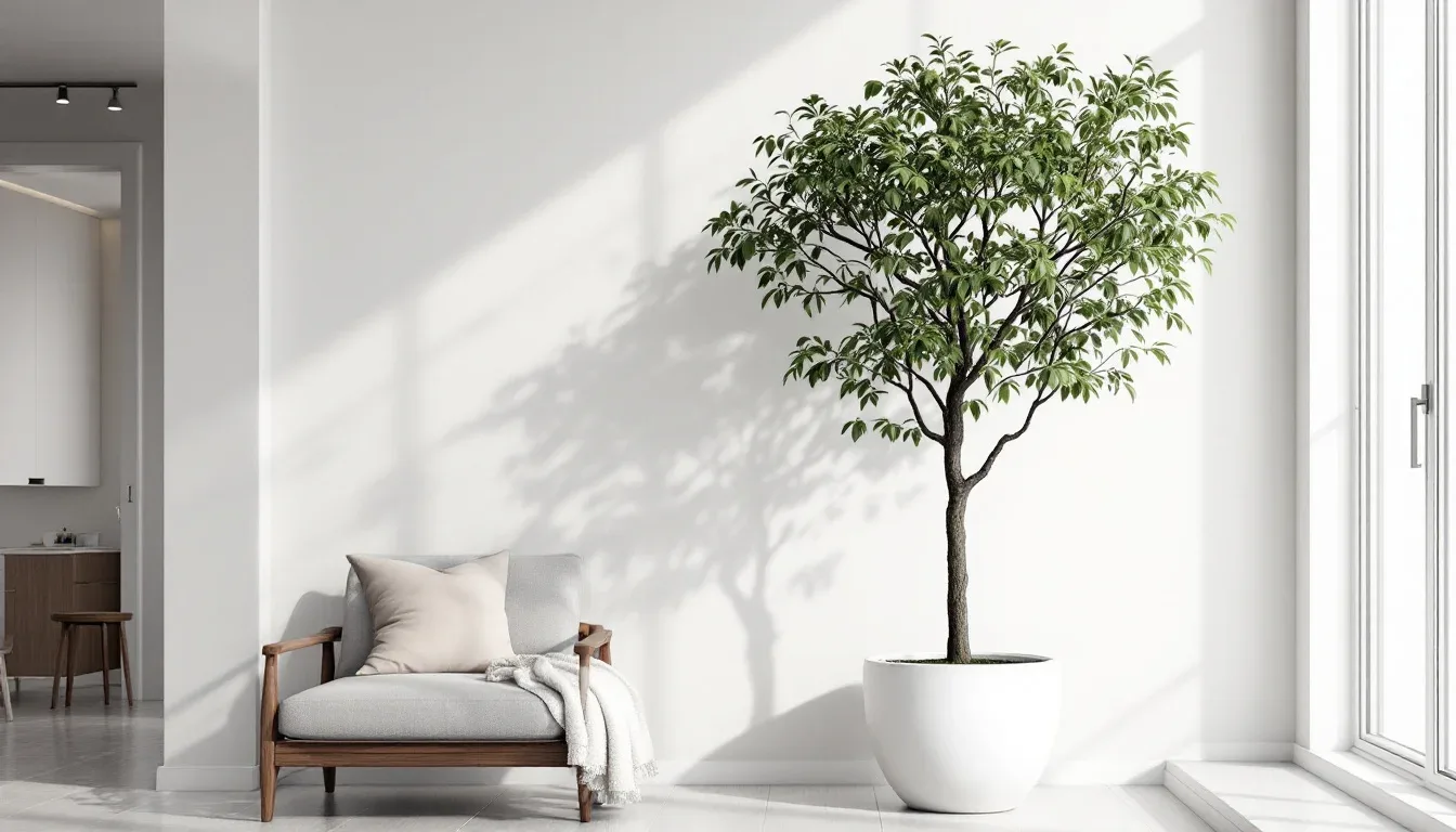Large indoor potted tree in white planter beside minimalist armchair in bright white living room corner