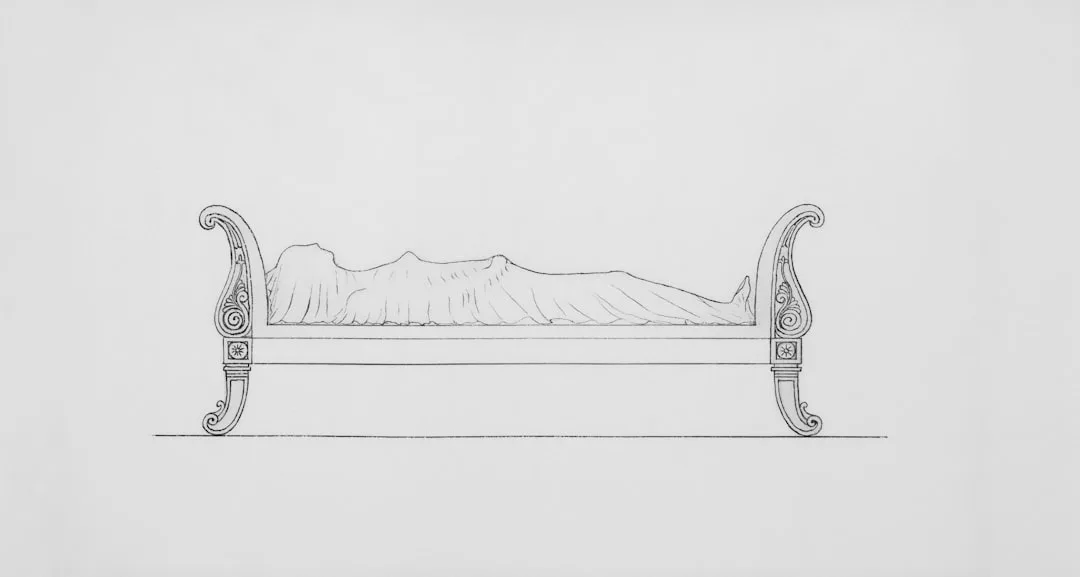 Architectural drawing of a classic bed frame with ornate scrolled headboard and footboard showing under-bed space