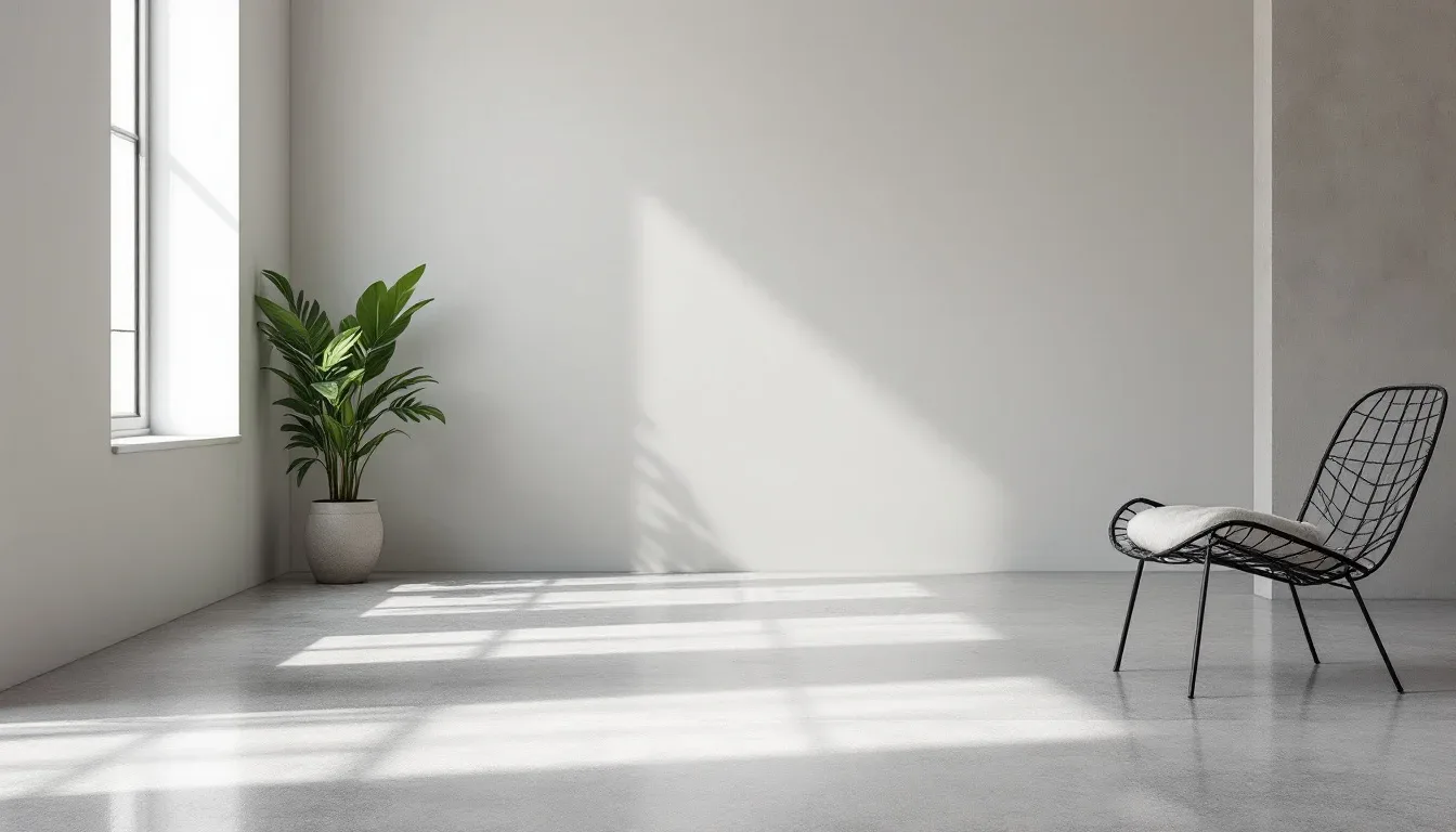 Minimalist room with polished concrete floor, natural light shadows, wire chair and indoor plant against white walls