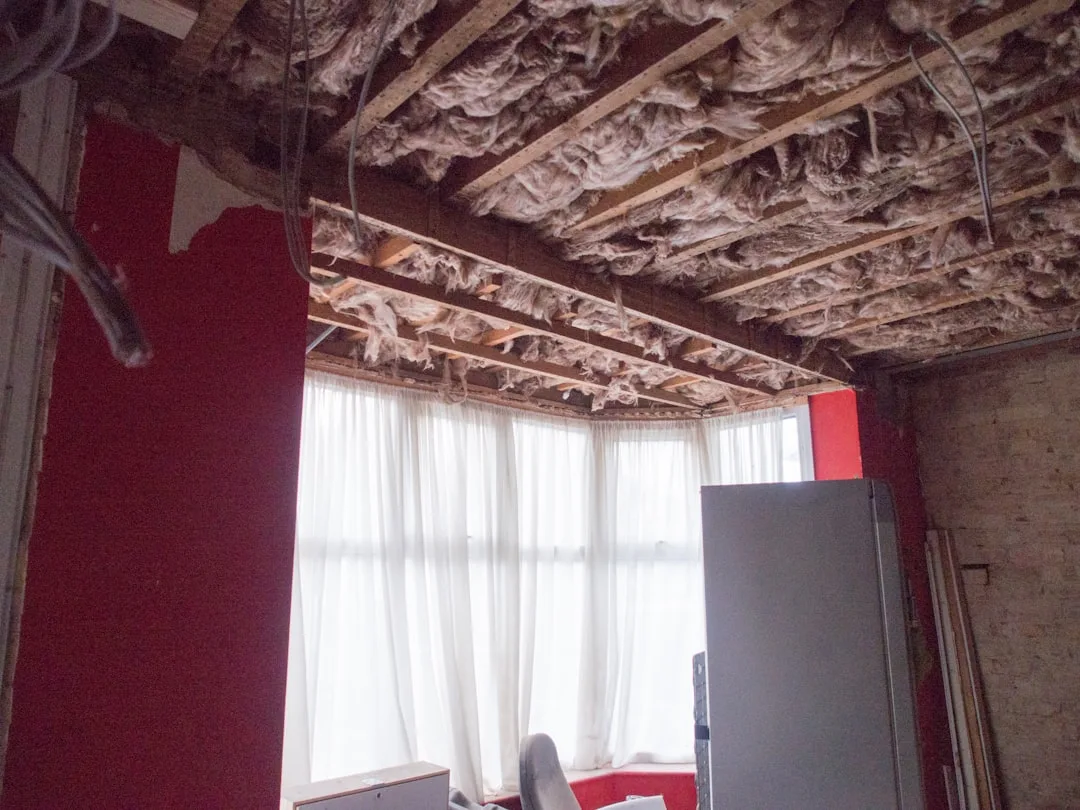 Exposed ceiling joists with deteriorated insulation during home renovation in red-walled room