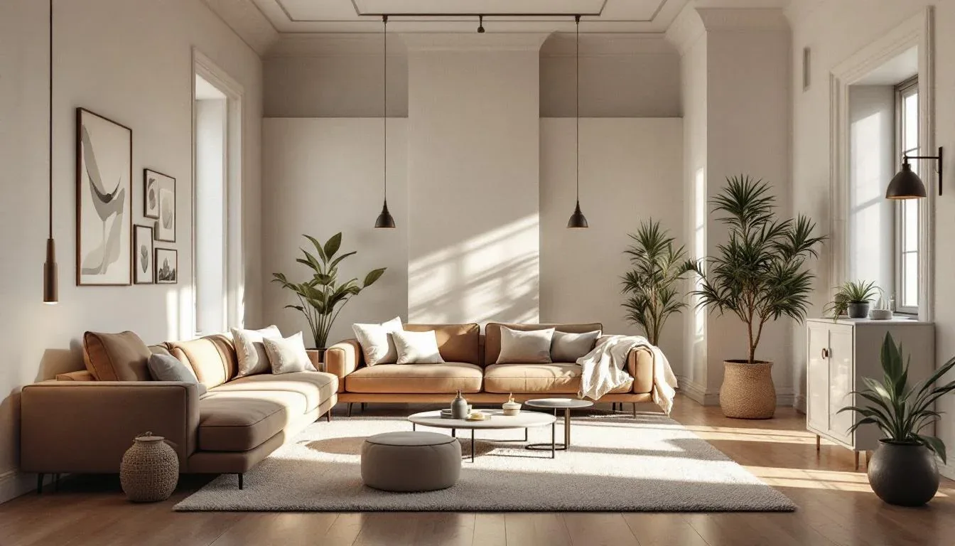 Bright minimalist living room with warm neutral tones, indoor plants, and natural light creating a spacious airy atmosph