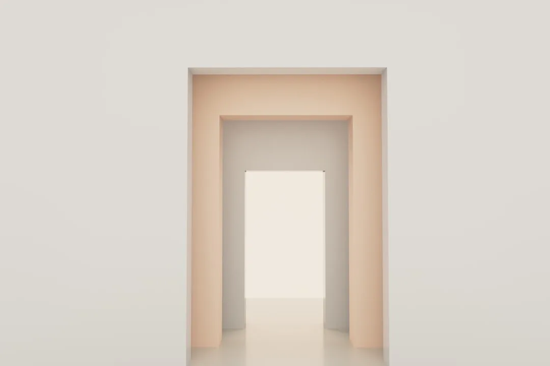 Minimalist archway corridor with layered door frames and glowing light beyond, showing wall space above door frame