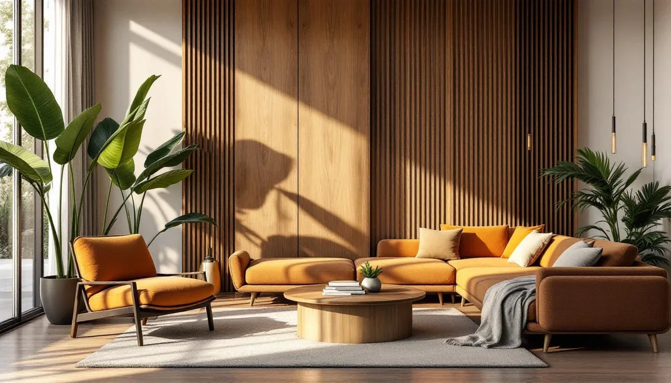 Modern living room with orange sectional sofa, wooden slat wall, round coffee table with books and small plant grouping