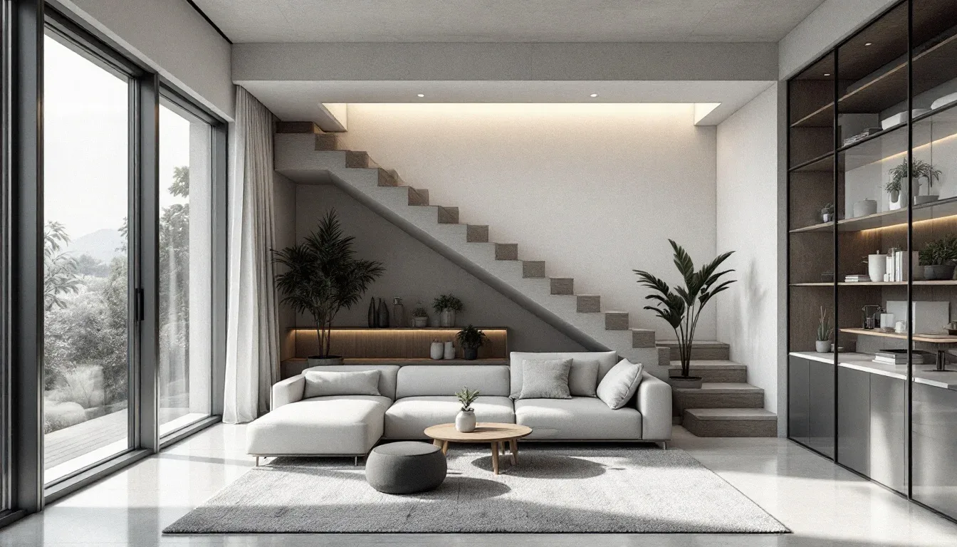 Modern living room with floating staircase used as architectural canopy over minimalist sofa seating area