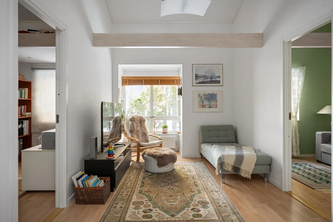 Living room with correctly sized Persian-style area rug anchoring seating area with chair, daybed, and TV console