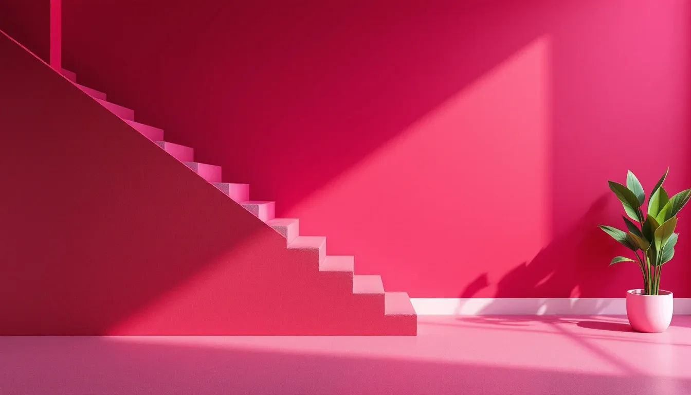Bold magenta pink staircase with contrasting light and shadow on slanted wall, demonstrating dramatic paint color choice