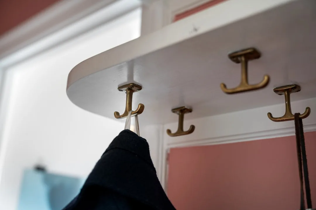 Brass double coat hooks mounted under white shelf in entryway with coat and belt hanging, pink wall background