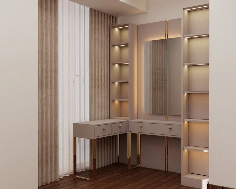 Renter-friendly cloffice with curtain divider, built-in shelves, vanity desk, and gold accents in neutral beige tones