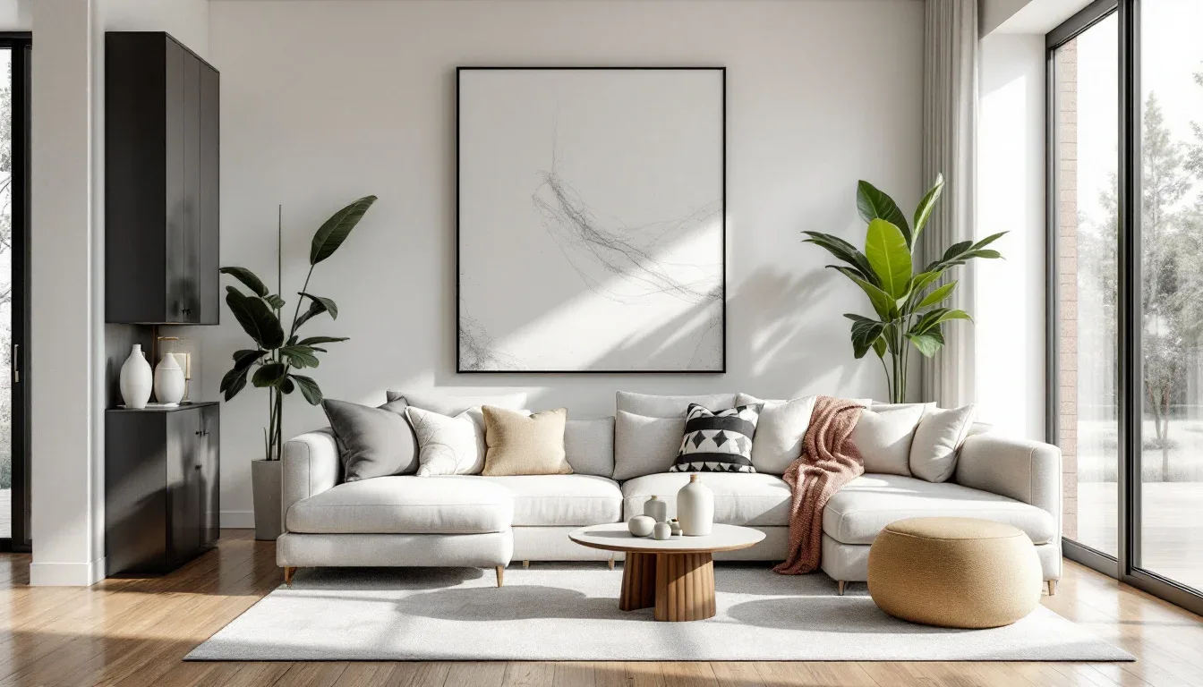 Modern minimalist living room with white sectional sofa, plants, and neutral decor for a calm ambiance