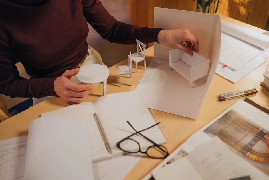Architect arranging miniature white furniture models in a scale room layout on a design desk