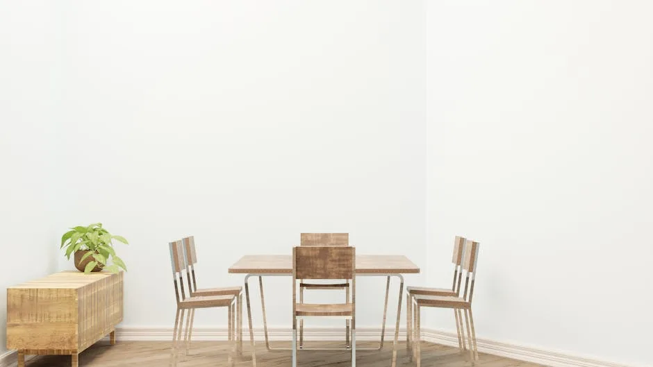 Minimalist dining table with wooden chairs placed in a room corner with hardwood floors