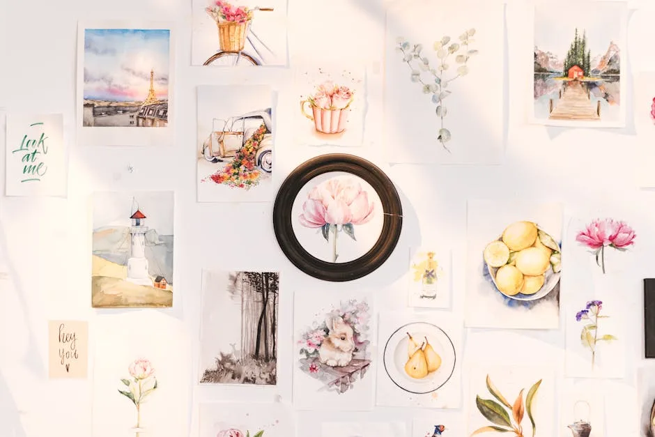 Gallery wall of watercolor floral prints, botanical illustrations, and pastel artwork arranged on a white wall