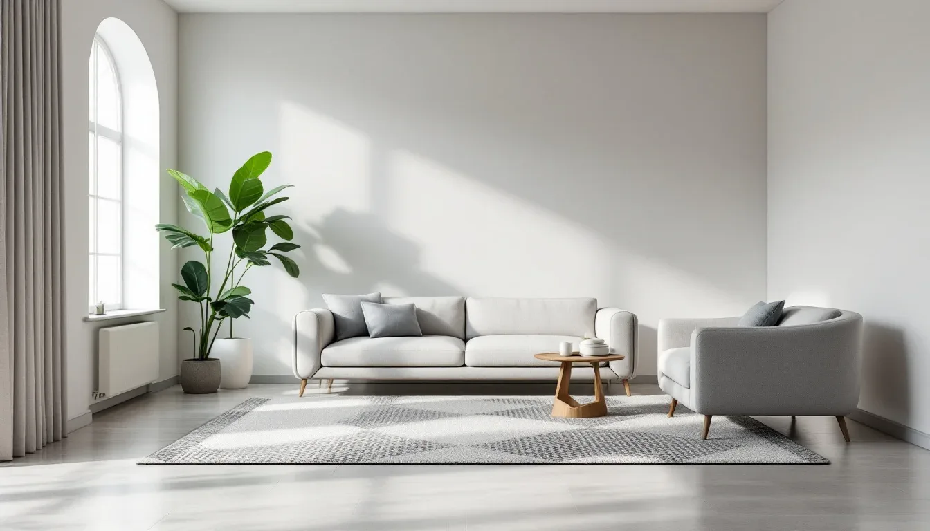 Minimalist living room with area rug and furniture placement defining zones in open floor plan space