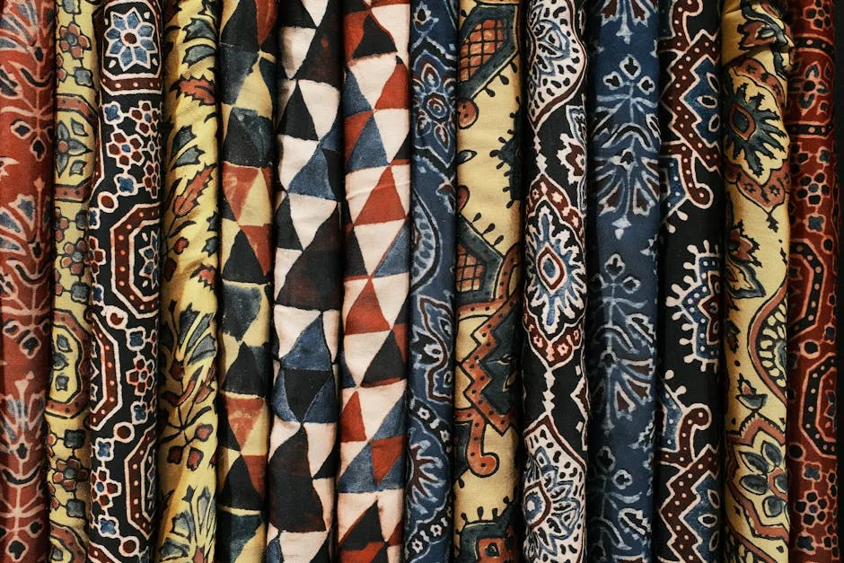 Collection of rolled decorative fabrics featuring geometric triangle and floral paisley prints in navy, red, and gold to