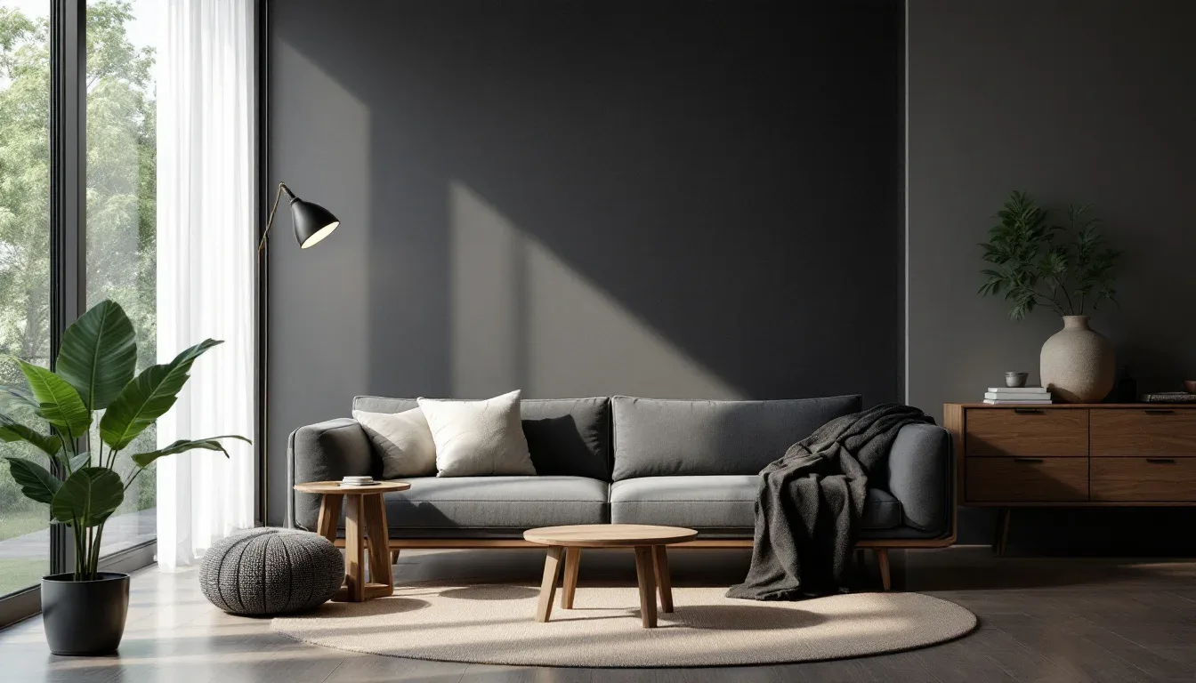 Modern living room with floor lamp casting directional light, showing strategic lighting placement in minimalist interio