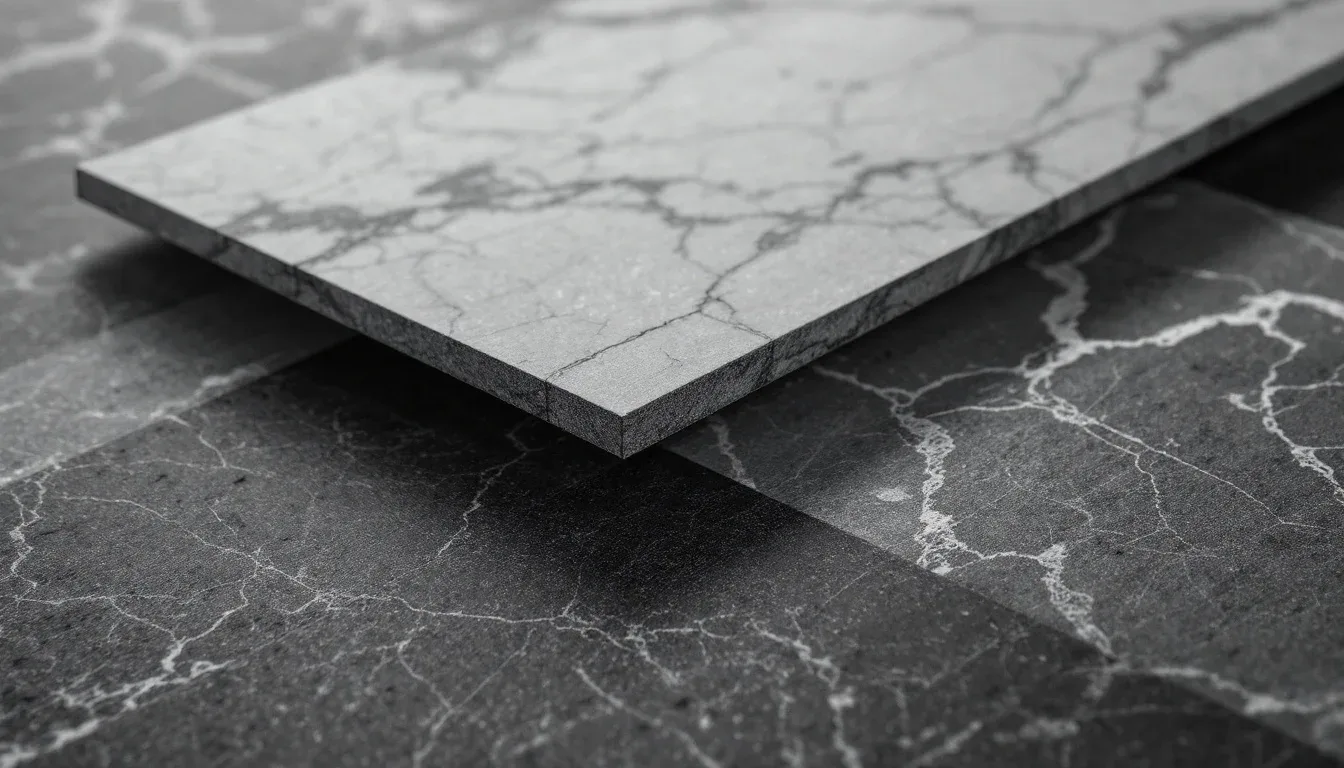 Close-up of gray marble tile slab with veining detail showing professional stone finish and material texture