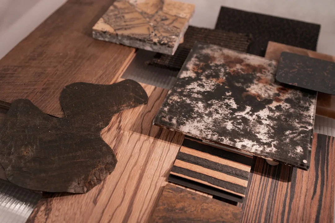 Material samples for attic bathroom including stone, wood, metal and textured tiles arranged on wooden surface