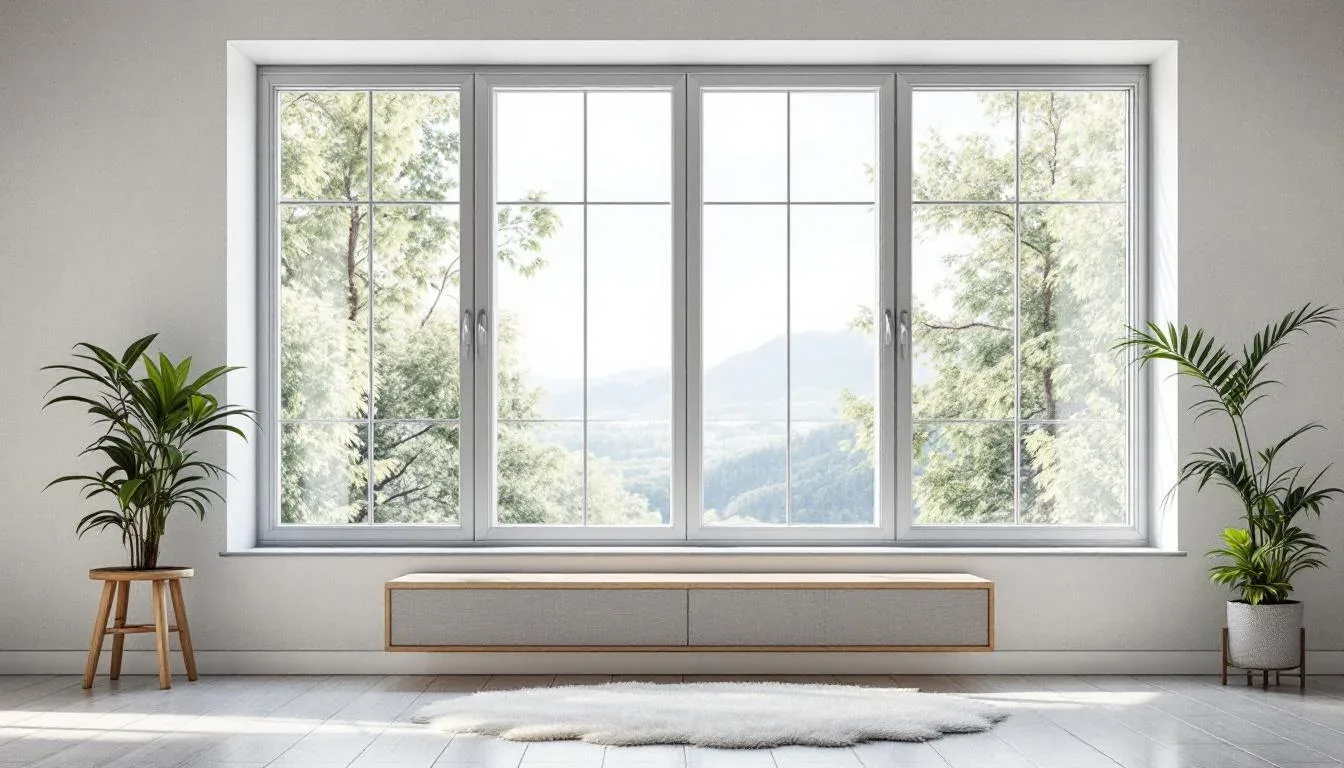 Large white-framed four-panel window as a feature wall in a minimalist living room with indoor plants and natural light