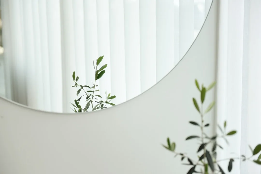 Round wall mirror reflecting green plant branches and white vertical blinds in a bright minimalist interior