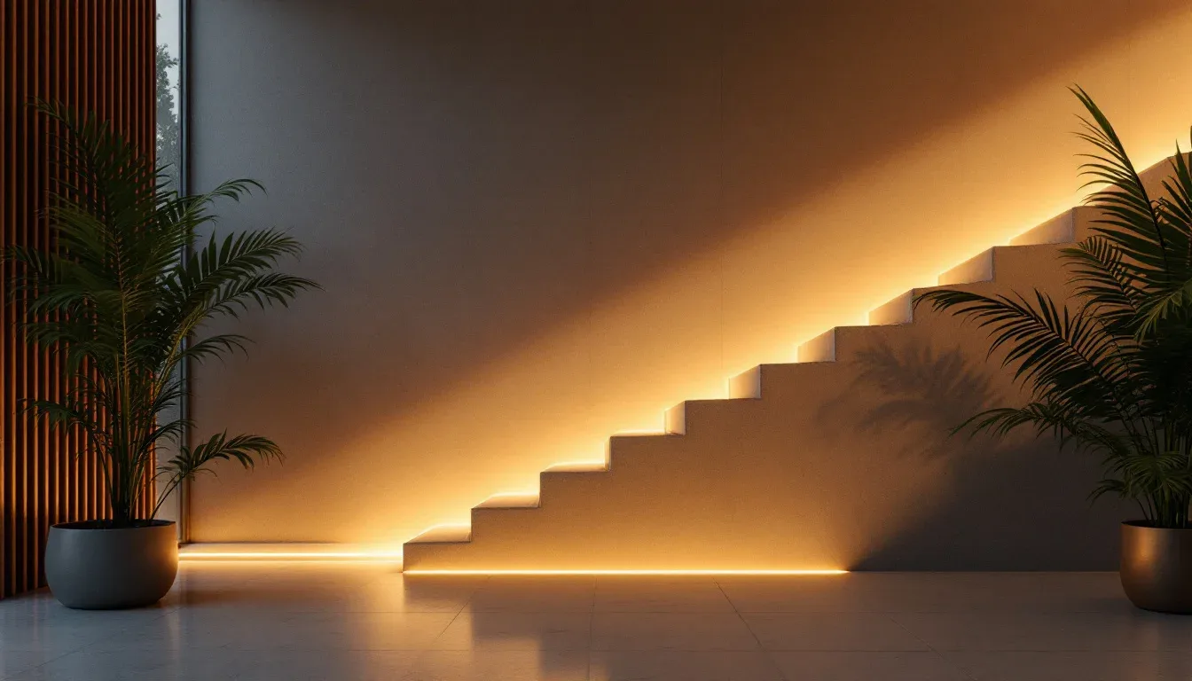 Warm LED strip lighting under staircase steps casting dramatic diagonal glow on modern interior wall