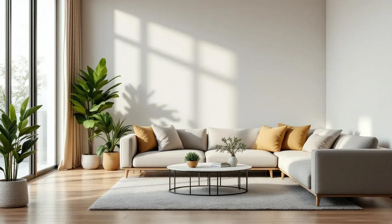 Minimalist living room with neutral sectional sofa, yellow accent pillows, round coffee table, and indoor plants on hard