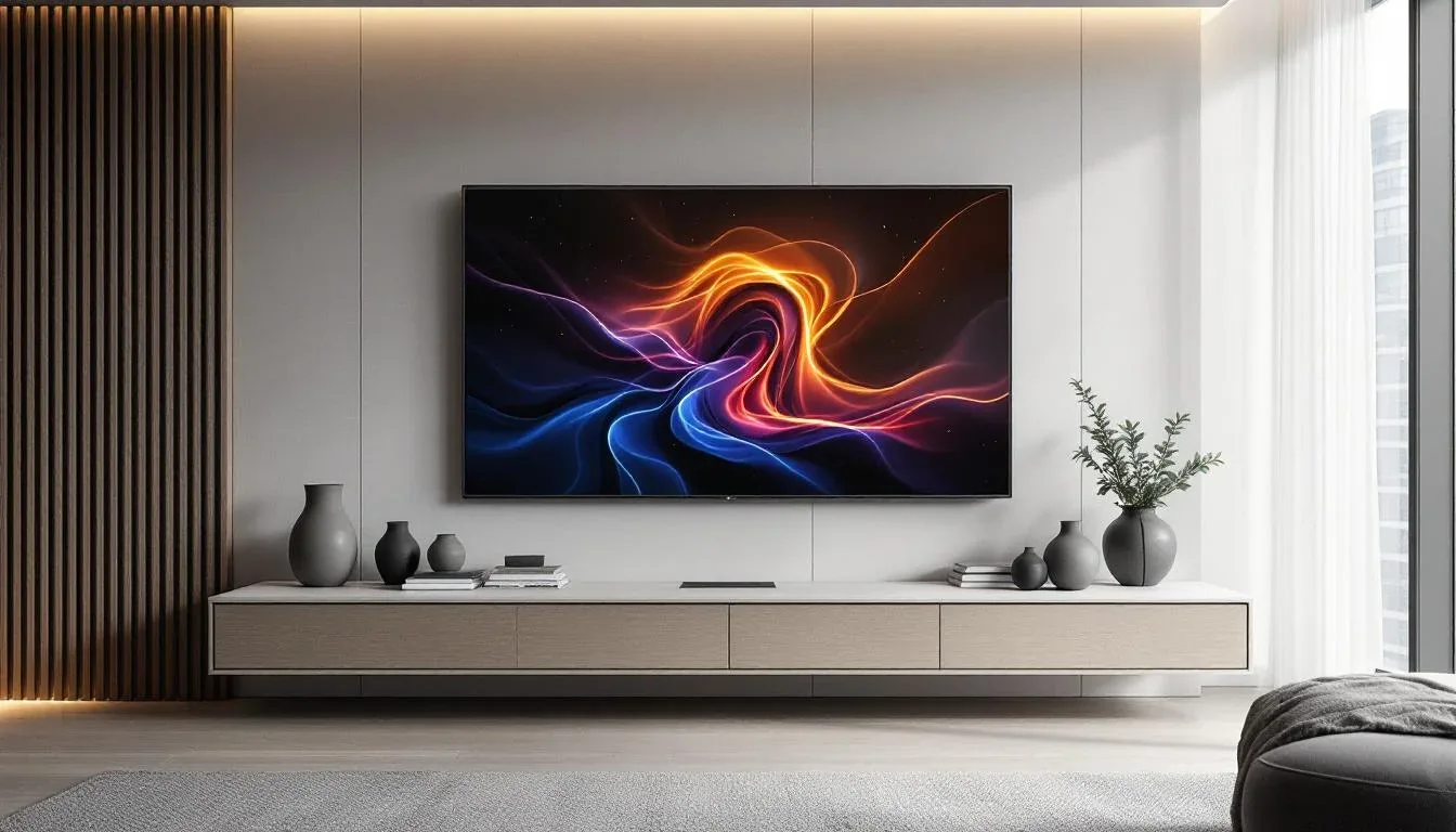Large flat-screen TV with vibrant abstract display mounted on minimalist living room wall with floating media console