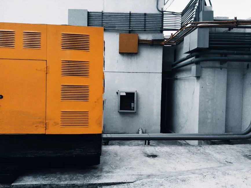 Industrial generator and utility piping systems mounted on exterior concrete wall showing mechanical infrastructure desi