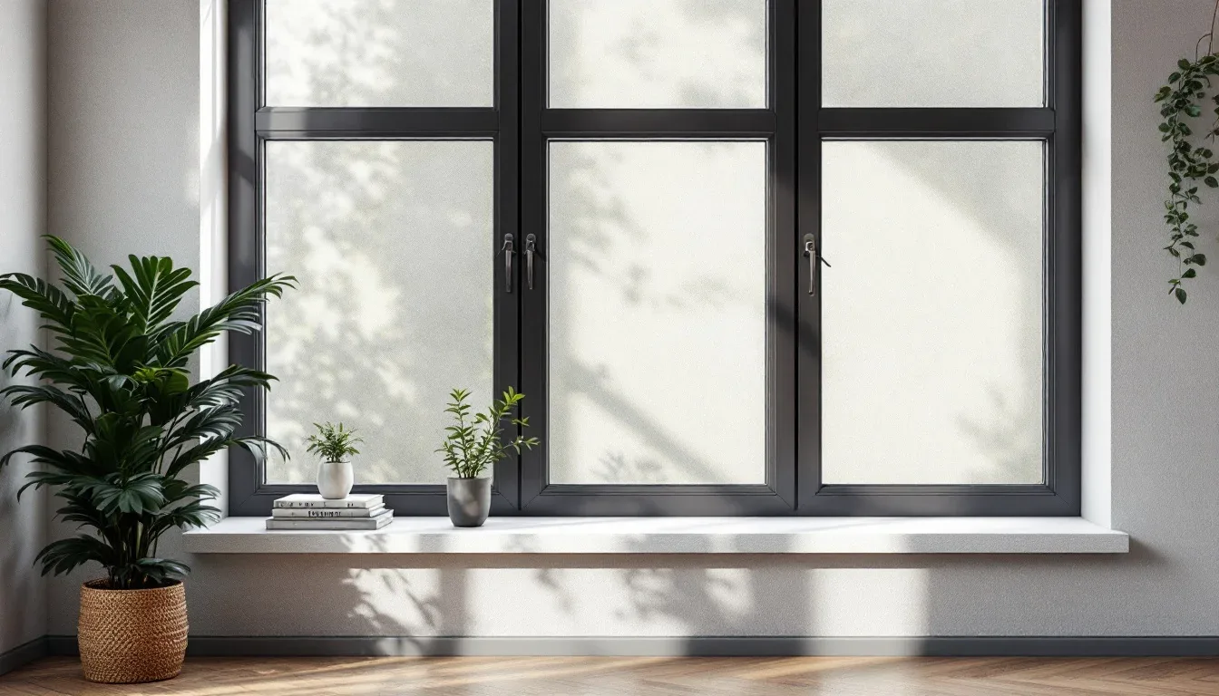 Dark-framed triple window with white sill, flanked by narrow empty wall sections and indoor plants in modern interior