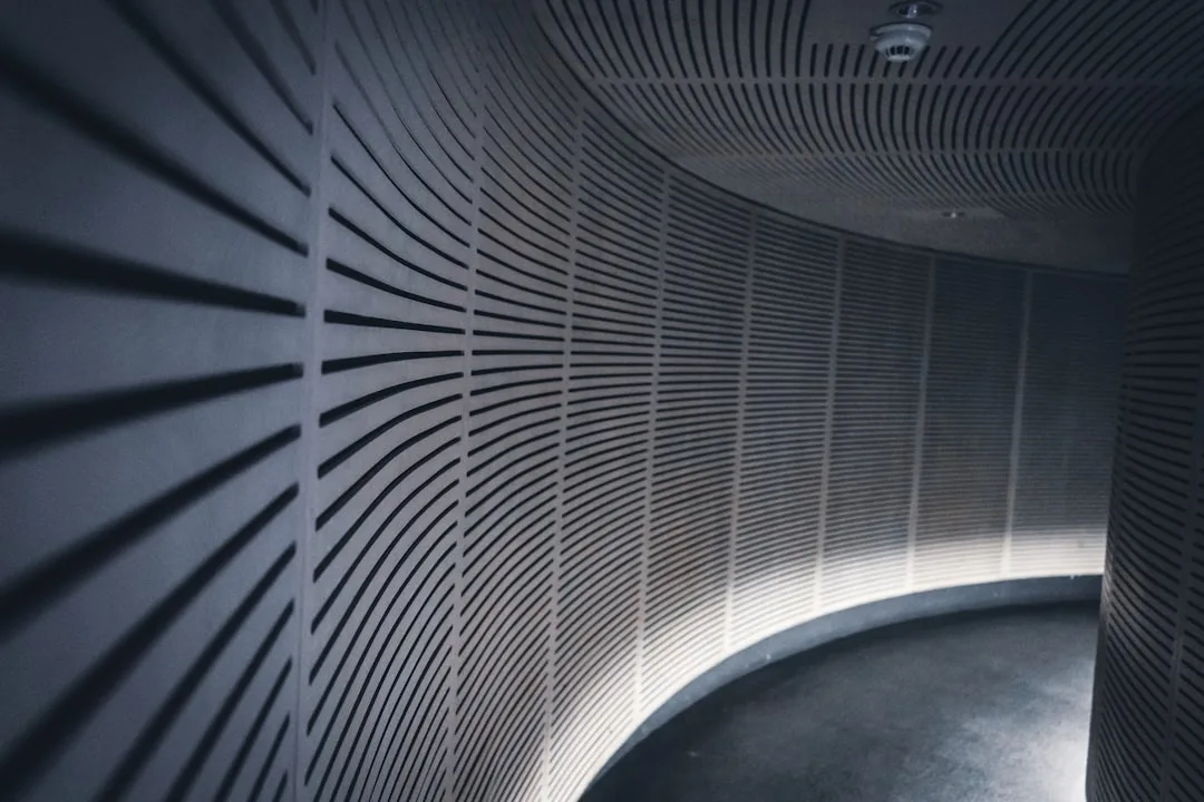 Curved architectural wall with decorative acoustic slat panels in a modern interior corridor showing sound-absorbing des