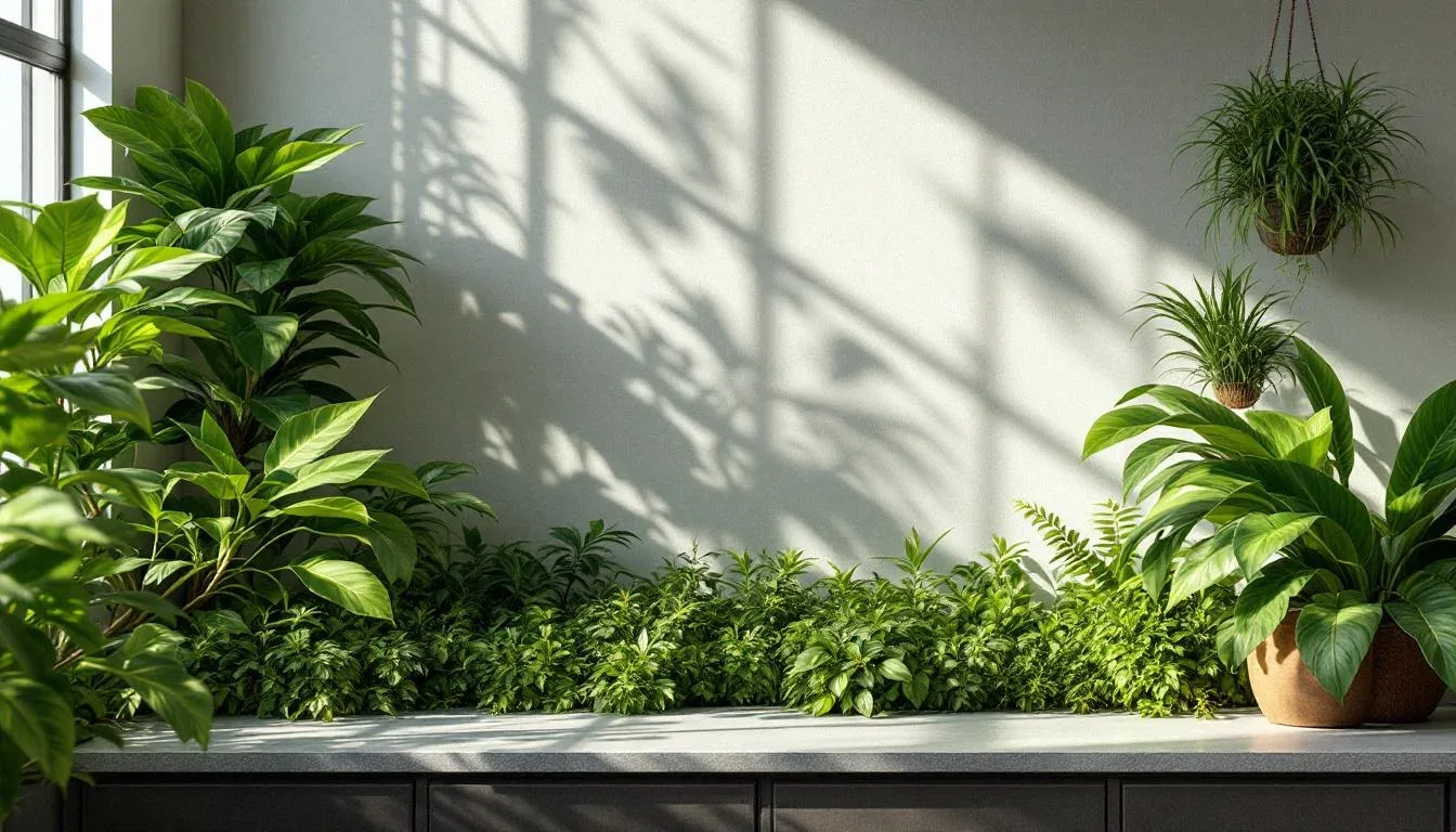 Lush indoor plants with natural window shadows on white wall in minimalist Japandi-style interior setting