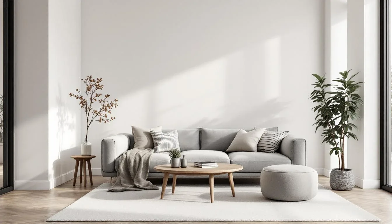 Minimalist living room with gray sofa, wooden coffee table, white rug and indoor plant for budget home upgrade ideas