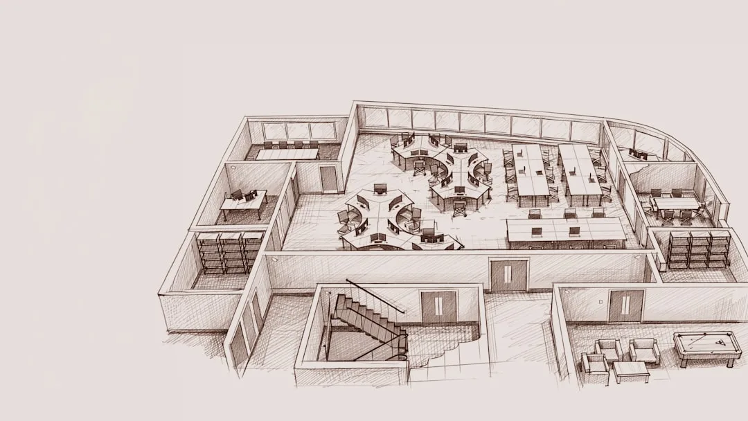 Architectural sketch of mansion floor plan showing circulation paths, staircase, open office zones and room layout in is