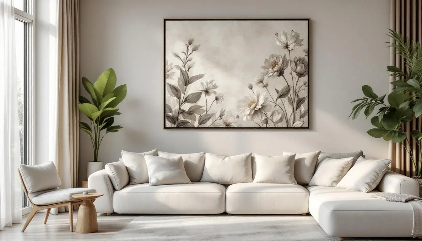 Neutral living room with large tonal floral canvas art above white sectional sofa and green indoor plants