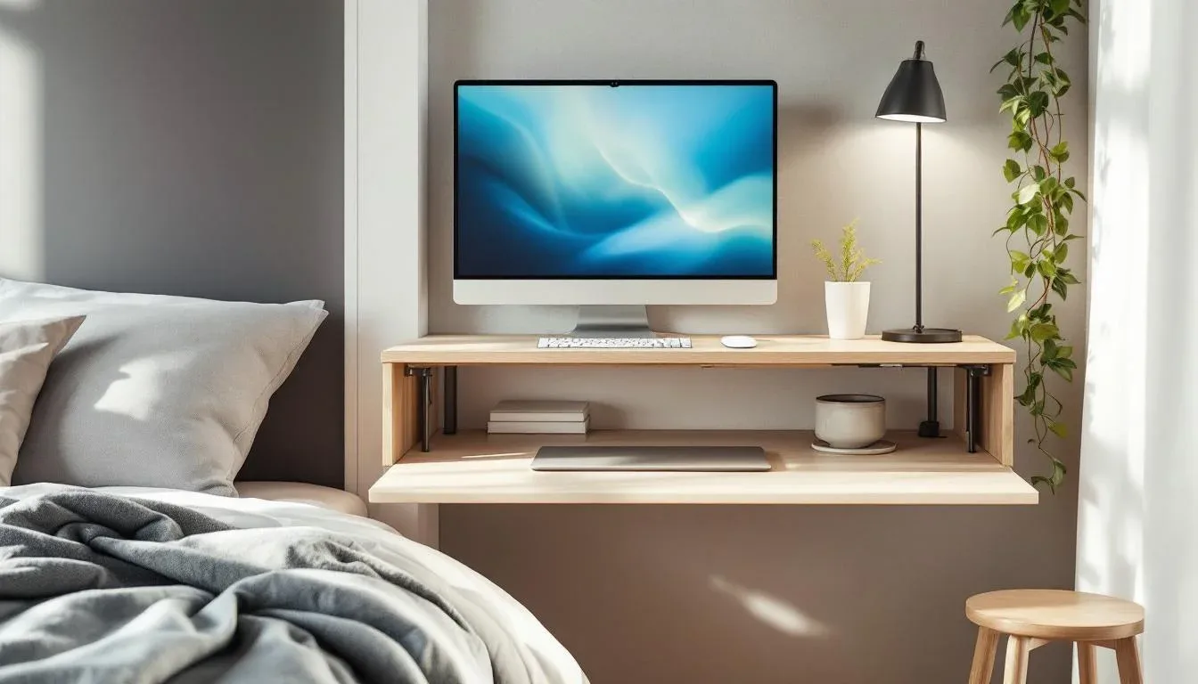 Wall-mounted fold-down desk beside bed with iMac monitor, lamp, and storage shelf in small bedroom workspace
