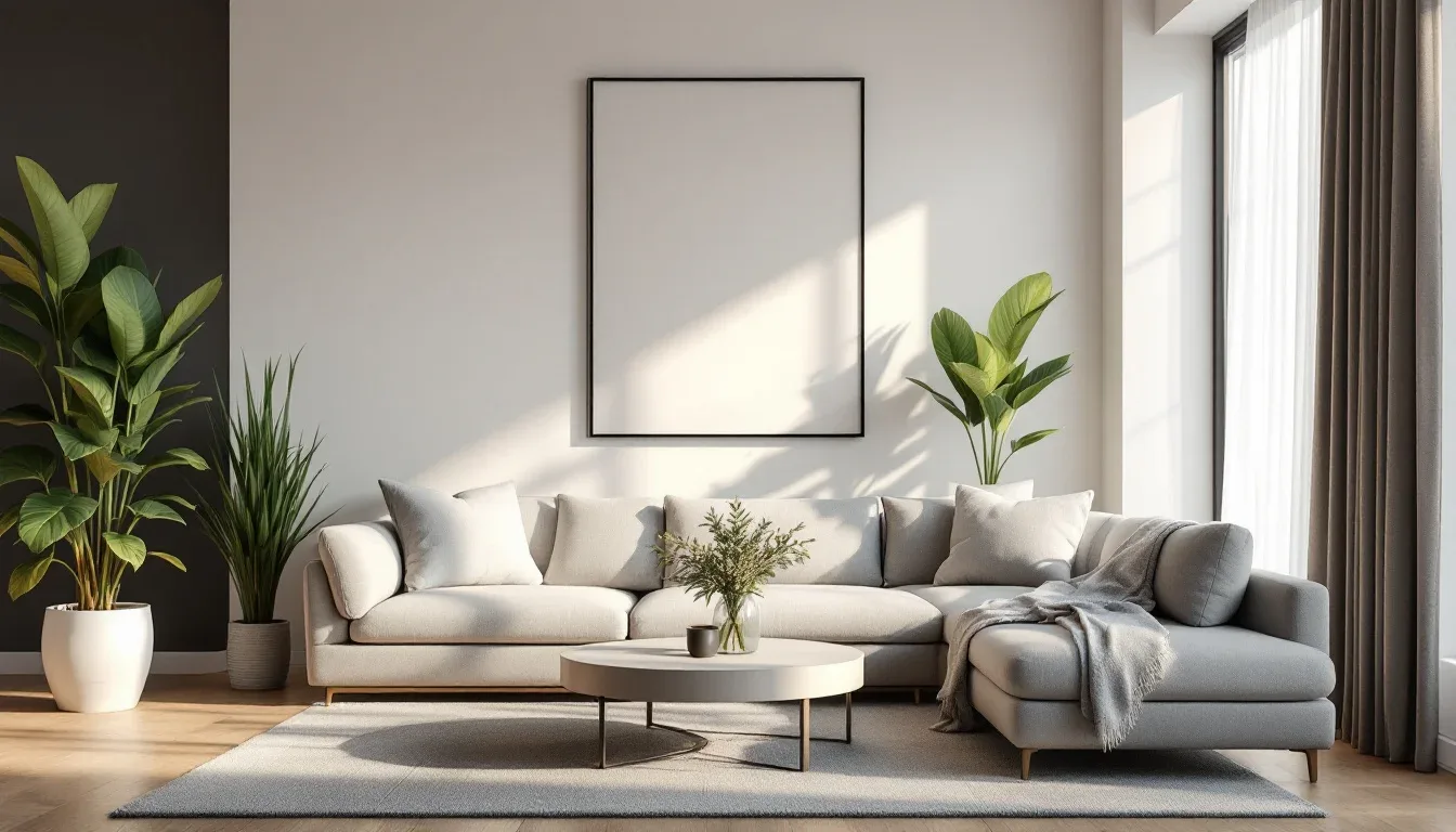 Minimalist living room with neutral sectional sofa, blank wall frame, and indoor plants showing clean uncluttered decor