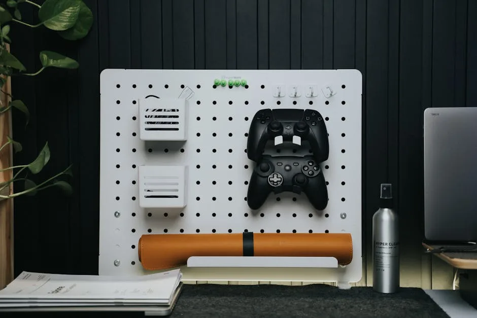 White pegboard wall panel with game controllers, small bins, and accessories mounted for organized desk storage