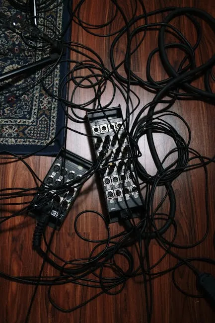Tangled black audio cables and XLR patch bays scattered on hardwood floor showing disorganized cable management