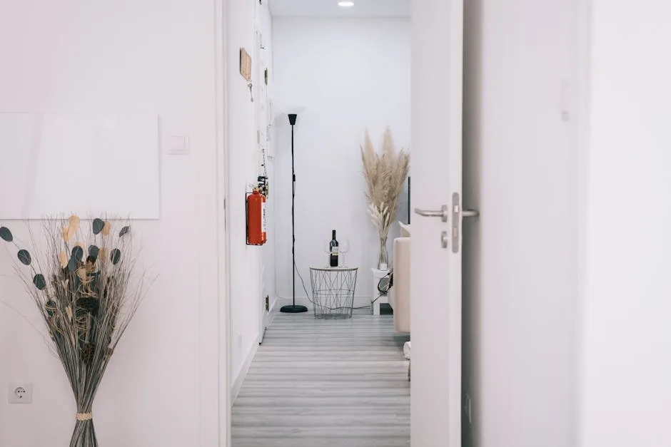 Narrow apartment hallway entrance opening into a minimalist white living room with dried pampas grass decor
