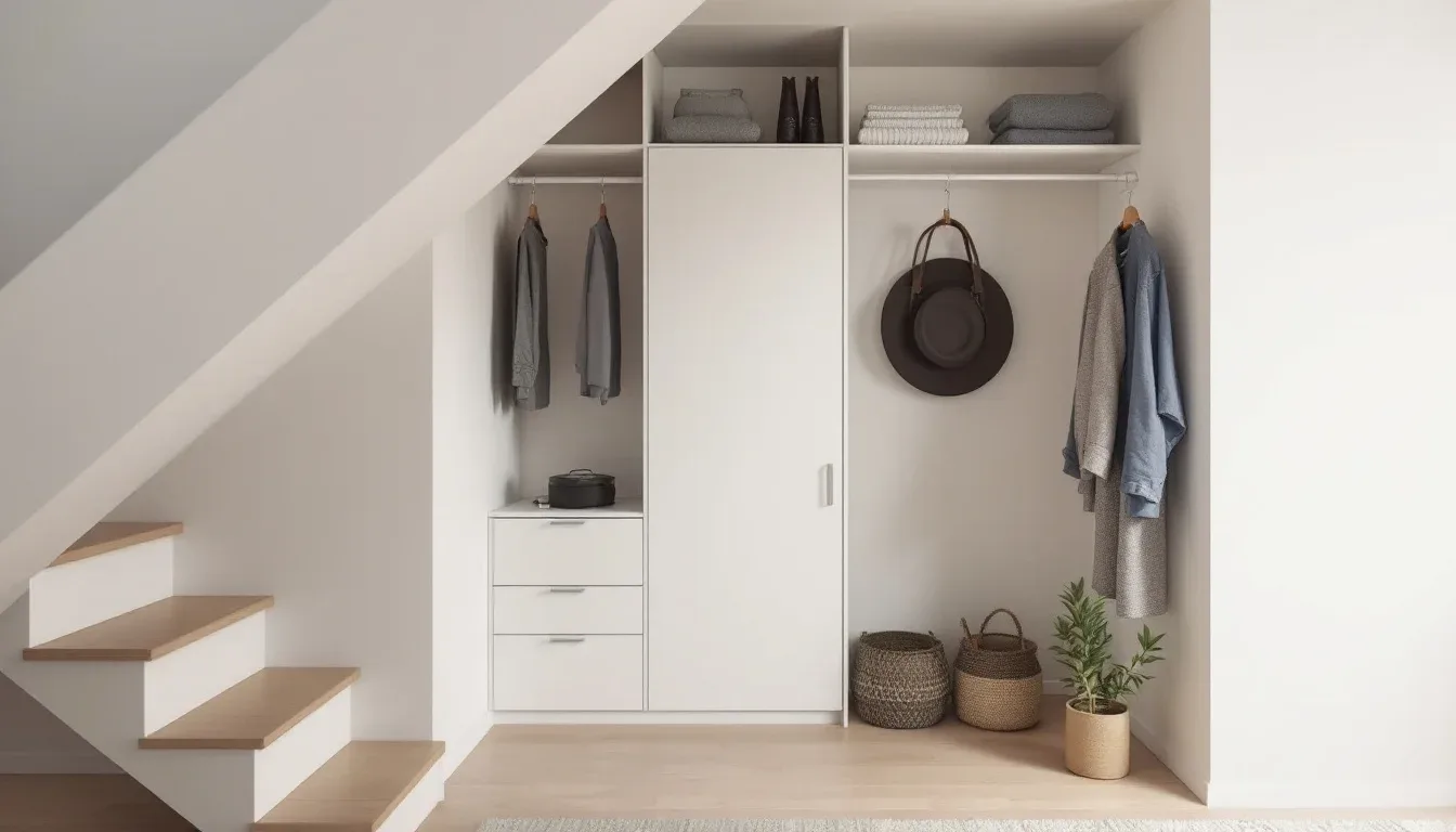 Under-stair closet conversion with white sliding door, built-in drawers, hanging rail, shelves, and wicker baskets