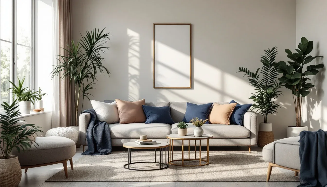 Bright modern living room with neutral sofa, navy and peach pillows, indoor plants, and round coffee tables
